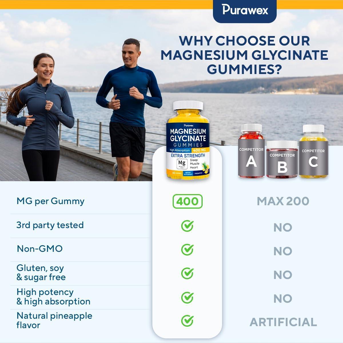 Magnesium Glycinate 400mg Gummies Vegan Gelatin Free High Absorption Non GMO 60