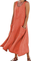 Apvirdy Boho A-line Summer Solid Color U Neck Tank Dress Cotton Linen Dresses for Women Casual Sleeveless Sundresses with Pockets