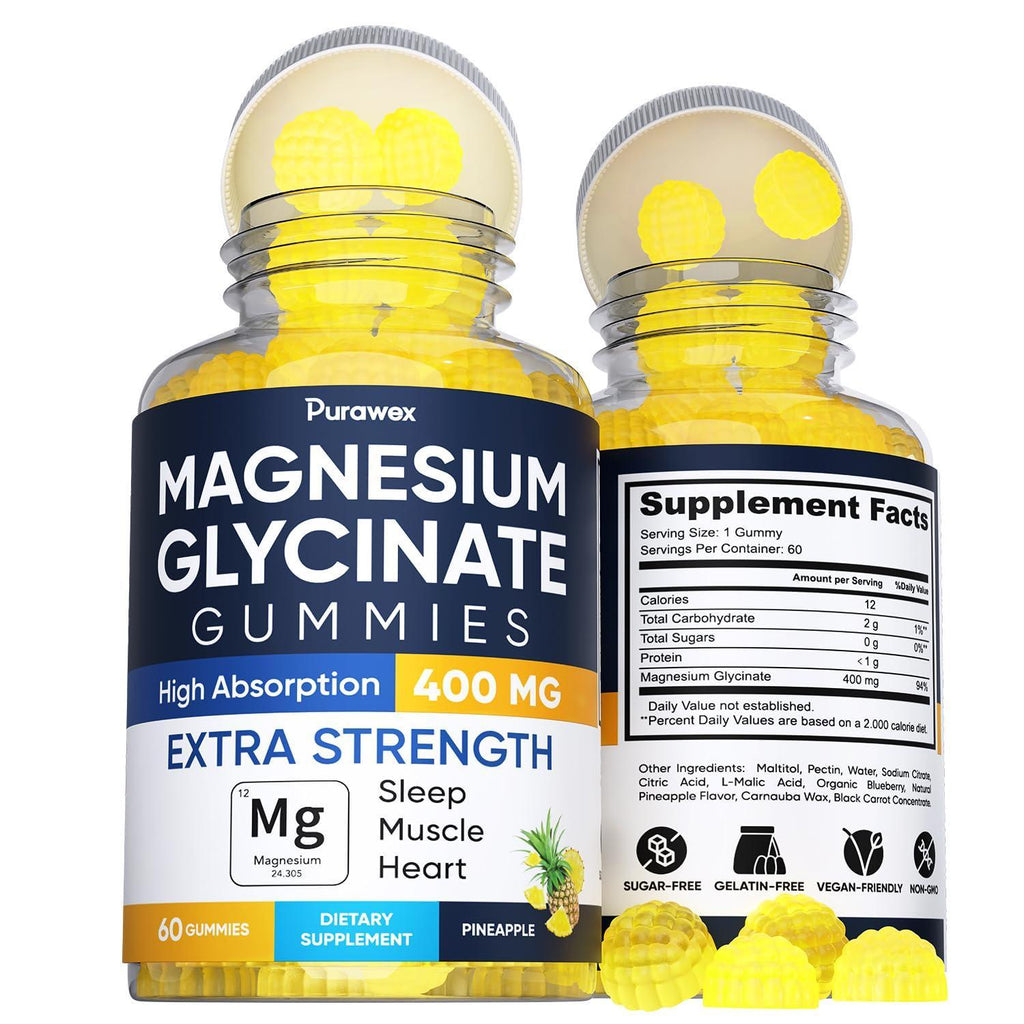 Magnesium Glycinate 400mg Gummies Vegan Gelatin Free High Absorption Non GMO 60