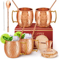 Yooreka Moscow Mule Mugs - 100% Pure Copper for Drinking Beverages with Moscow Mule Cups Set of 4-16 oz Mugs 4 Straws 4 Coasters Stirring Spoon Shot Glass Brush & Pure Copper Cup Gifts for Him