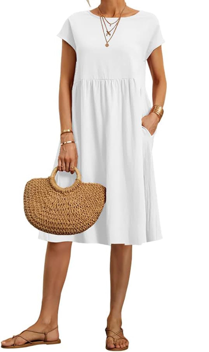 Kubsid White XL Dresses for Women 2024 Summer Cotton Linen Solid Short Sleeve Gauze Dress Crewneck Loose Casual Beach Vacation Flowy Short Dress with Pockets