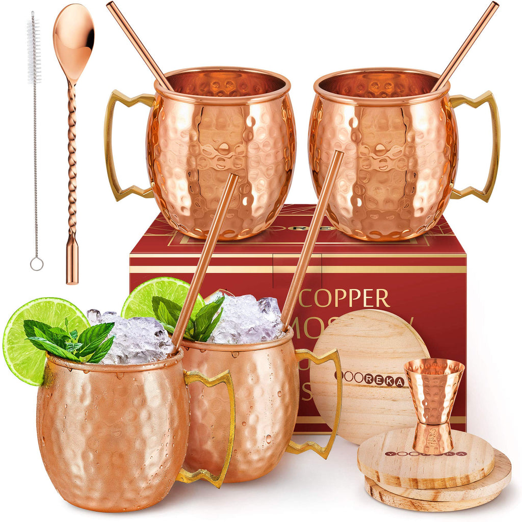 Yooreka Moscow Mule Mugs - 100% Pure Copper for Drinking Beverages with Moscow Mule Cups Set of 4-16 oz Mugs 4 Straws 4 Coasters Stirring Spoon Shot Glass Brush & Pure Copper Cup Gifts for Him