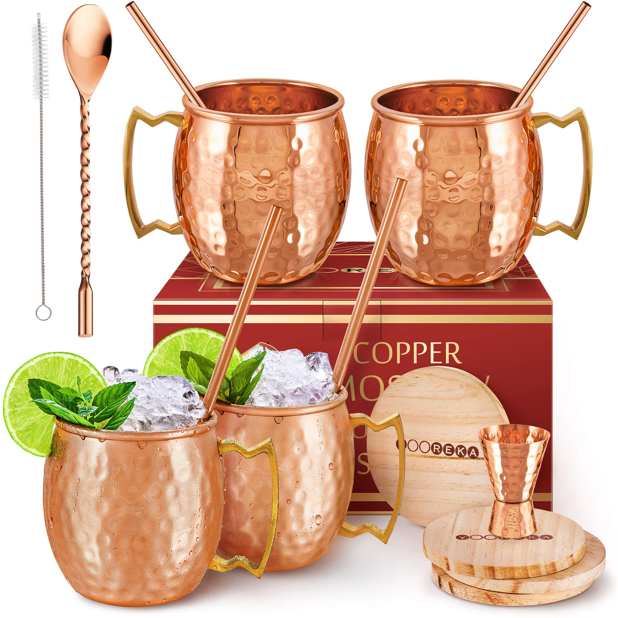 Yooreka Moscow Mule Mugs - 100% Pure Copper for Drinking Beverages with Moscow Mule Cups Set of 4-16 oz Mugs 4 Straws 4 Coasters Stirring Spoon Shot Glass Brush & Pure Copper Cup Gifts for Him